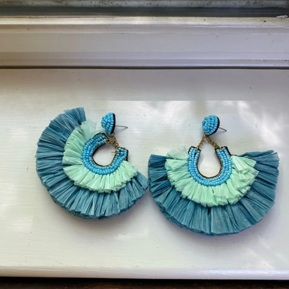 Betsy Pittard Blue Raffia Earrings - Picture 1 of 5